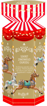 Green Pharmacy Zestaw Złoto Świątecznego Światła, złoty karton w kształcie karuzeli z czerwonym dachem i końmi, widok z przodu.