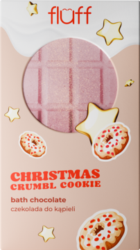 Fluff Christmas Crumbl Cookie, różowa, brokatowa czekolada do kąpieli, w jasnym kartonie z ciasteczkami.
