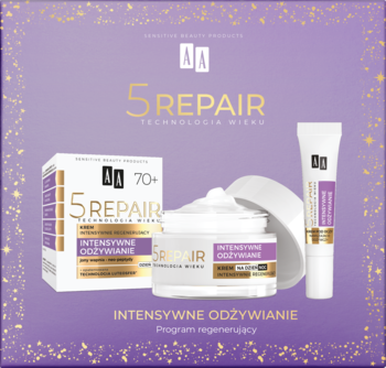 Zestaw AA 5 Repair Technologia Wieku 70+ intensywnie odżywiający: krem w słoiku i tubce, fioletowe tło.