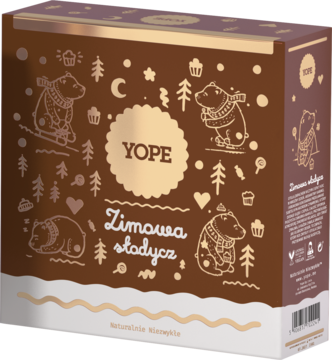 Yope Zimowa Słodycz, brązowe pudełko prezentowe z misiami i złotymi detalami, widok z przodu i boku.