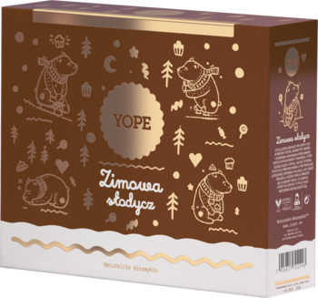 Yope Zimowa słodycz, brązowy zestaw prezentowy z misiami w zimowych scenach, złotym logo, widok z przodu i boku.