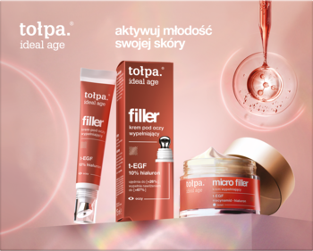 Tołpa ideal age filler, krem i serum z hialuronem, aktywujące młodość skóry, w brązowych opakowaniach na różowym tle.