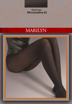 Marilyn Rajstopy Microcostina 01, czarne, o prążkowanej fakturze, na nogach siedzącej modelki.