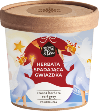 Herbata Brown House & Tea Spadająca Gwiazdka, czarna Earl Grey z pomarańczą, w świątecznym pudełku z aniołami.