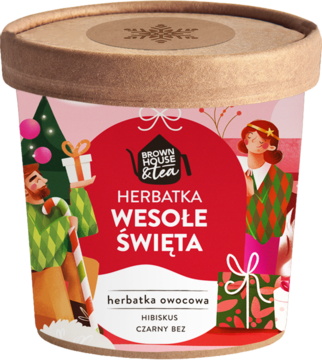 Opakowanie herbatki owocowej Brown House & Tea Wesołe Święta. Czerwone, z rysunkiem świątecznym: Hibiskus Czarny Bez.