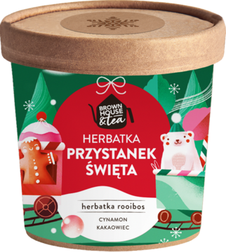 Brown House & Tea Herbatka Przystanek Święta rooibos, cynamon i kakao, w świątecznym kubku, widok z przodu.