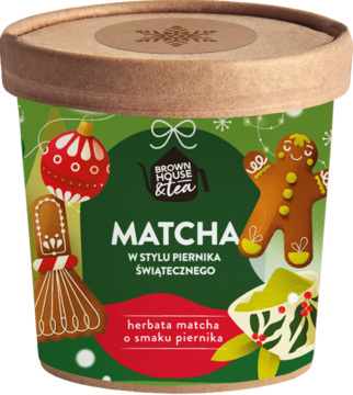 Zielone opakowanie Brown House & Tea Matcha o smaku piernika, z bombką i piernikowym ludzikiem, widok z przodu.