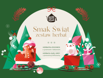 Zestaw herbat "Smak Świąt" w grafice z świątecznym pociągiem, piernikami i misiem na zielonym tle.