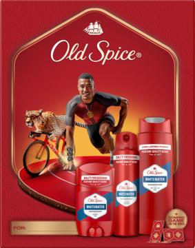 Old Spice Zestaw Świąteczny Iron Man: czerwone opakowanie, trzy produkty White Water, sportowiec, gepard, rower.