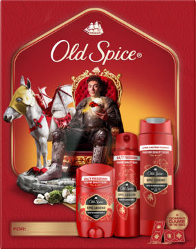 Zestaw Old Spice Epic Legend: czerwone opakowanie z dezodorantem w sztyfcie, sprayem i żelem. W tle rycerz na tronie.
