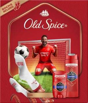 Old Spice Zestaw Świąteczny Footballer. Czerwone pudełko z piłkarzem, piłką, skarpetkami i dwoma produktami Captain.
