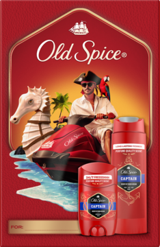 Old Spice Zestaw Świąteczny Captain: dezodorant i żel pod prysznic na czerwonym opakowaniu z piratem na skuterze.