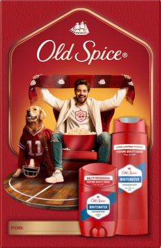 Old Spice Świąteczny zestaw Sports Fan Whitewater: dezodorant i żel pod prysznic, na tle kibica z psem.