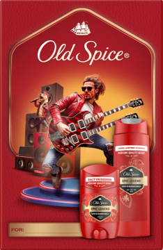 Old Spice Epic Knight zestaw: czerwony dezodorant w sztyfcie i spray. Na tle rockowego koncertu z gitarzystą.