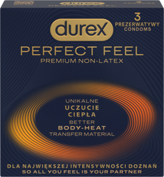 Durex Perfect Feel prezerwatywy non-latex, ciemne pudełko z pomarańczowym motywem ciepła. Widok z przodu.