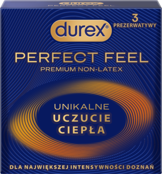 Granatowe pudełko prezerwatyw Durex Perfect Feel Non-Latex z pomarańczową falą i napisem 'Unikalne uczucie ciepła'.