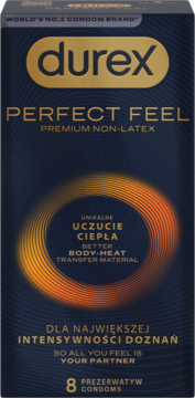 Durex Perfect Feel, niebieskie opakowanie prezerwatyw non-latex z pomarańczowym okręgiem, widok z przodu.