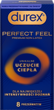 Ciemnoniebieskie opakowanie prezerwatyw Durex Perfect Feel Premium Non-Latex, 8 szt., z napisem 'Unikalne Uczucie Ciepła'.
