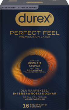 Ciemne pudełko Durex Perfect Feel Premium Non-Latex z pomarańczowym wirującym wzorem ciepła, 16 sztuk, widok z przodu.