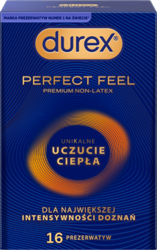 Durex Perfect Feel nielateksowe prezerwatywy, granatowe pudełko z falistym wzorem, logo i efektem ciepła, widok z przodu.