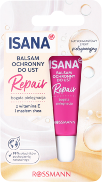 Isana Repair balsam ochronny do ust z witaminą E i masłem shea. Różowe opakowanie oraz tubka na jasnym tle.