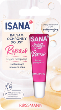 Isana Repair balsam ochronny do ust z witaminą E i masłem shea. Różowe opakowanie oraz tubka na jasnym tle.