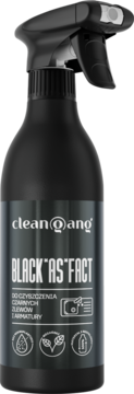 Czarny spray Cleangang Black*As*Fact do czyszczenia czarnej armatury i zlewów, widok z przodu, butelka 100% z recyklingu.