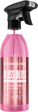 Clean Qang Gloss Bloss płyn do szyb, różowa butelka sprayu, widok z przodu, bez smug, zapach Blossom Sky.