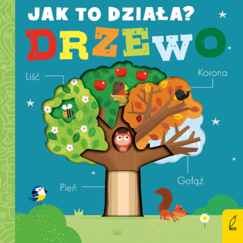 Okładka książki 'Jak to działa? Drzewo', barwna, edukacyjna ilustracja drzewa z nazwami części i zwierzętami.