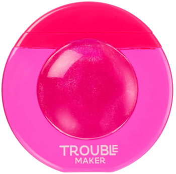 Błyszczyk do ust Bubble Trouble Trouble Maker, jasnoróżowy, okrągłe opakowanie z wypukłym, błyszczącym środkiem, widok z przodu.