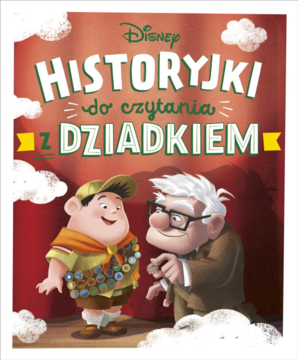 Okładka książki "Disney Historyjki do czytania z Dziadkiem" z Carlem i Russellem na tle czerwonej sceny.