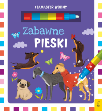 Kolorowa książeczka wodna "Zabawne Pieski" z dołączonym flamastrem, na fioletowej okładce psy i motyle.