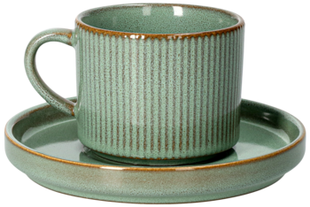 Szałwiowa zielona filiżanka z uszkiem i pasującym talerzykiem, ceramika z żłobioną fakturą i brązowym rantem.