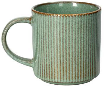 Zielony kubek ceramiczny z pionowymi, brązowymi żebrowaniami i uchwytem. Rustykalne wykończenie. Widok z boku.