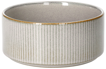 Jasnoszara ceramiczna miseczka na przekąski z pionowym ryflowaniem i złotym brzegiem, widok z boku.