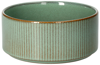 Ceramiczna miseczka w szałwiowej zieleni z pionowymi prążkami i brązowym rantem, widok z góry pod kątem.