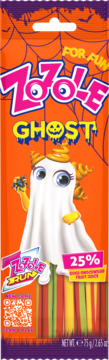 Zozole Halloween Ghost żelki, pionowy widok z przodu. Opakowanie pomarańczowo-fioletowe z rysunkowym duchem, 25% mniej cukru.
