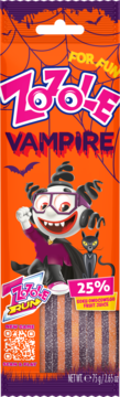 Zzole Vampire batonik owocowy, pomarańczowo-fioletowe opakowanie z wampirzycą i kotem, z widocznymi paskami galaretki.