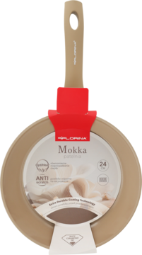 Florina Mokka 24 cm, beżowa patelnia z powłoką ceramiczną anti-scratch, w opakowaniu, widok z przodu.