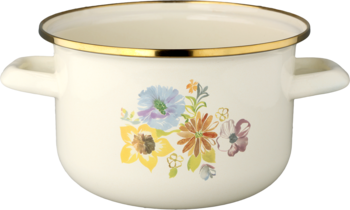 Enamelowany garnek kuchenny w kolorze ecru ze złotą obwódka, zdobiony barwnymi kwiatami, widok z przodu.