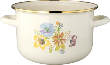 Emaliowany garnek kremowy z uchwytami i złotym brzegiem, ozdobiony kolorowym kwiatowym wzorem, widok z przodu.