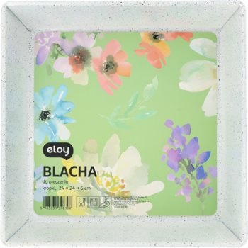 Kwadratowa blacha do pieczenia Eloy z białymi cętkami, wnętrze z pastelowym kwiatowym wzorem na zielonym tle, widok z góry.