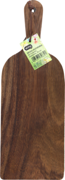 Ciemnobrązowa drewniana deska do krojenia, prostokątna, z rączką i zieloną etykietą, widok z przodu.