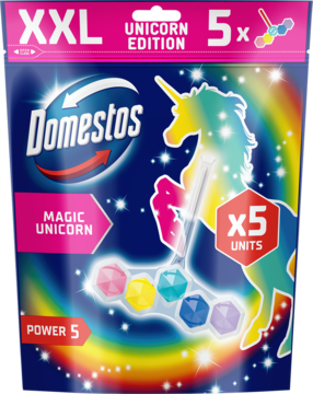 Ciemnoniebieskie opakowanie Domestos Power 5 Magic Unicorn XXL 5x kostek toaletowych z kolorowym jednorożcem.