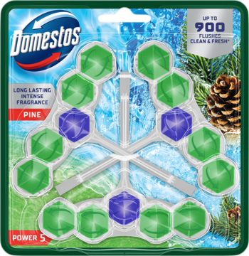 Domestos Power 5 Pine kostka WC, opakowanie z zielono-fioletowymi blokami w kształcie plastra miodu, z przodu.