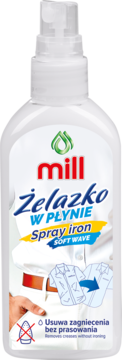 Biały spray Mill Żelazko w Płynie Soft Wave do usuwania zagnieceń bez prasowania, widok z przodu.