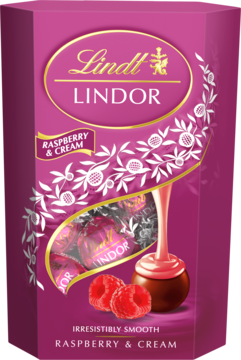 Lindt Lindor Raspberry & Cream pralinki w pionowym, różowym kartoniku z malinami i rozlewającą się czekoladą, widok z przodu.