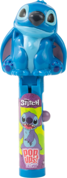 Lizak Pop Ups! ze Stitch na górze, niebieska figurka na cylindrycznej tubie z kolorową etykietą i guzikiem.