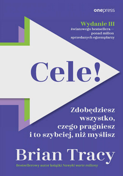 Fioletowa okładka książki "Cele!" Briana Tracy. Biała strzałka z tytułem. Bestseller o osiąganiu celów.