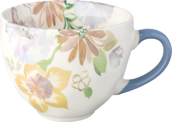 Biała ceramiczna filiżanka w pastelowe kwiaty, z błękitnym uchwytem. Widok z boku i góry.